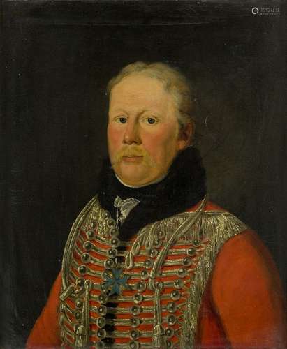 British School, early-mid 19th century- Portrait of an officer wearing a red tunic; oil on canvas,