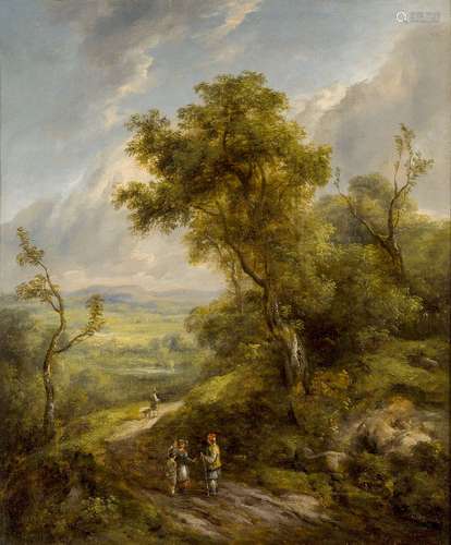 Circle of Thomas Creswick RA, British 1811-1869- Figures on a woodland path with a vista beyond; oil