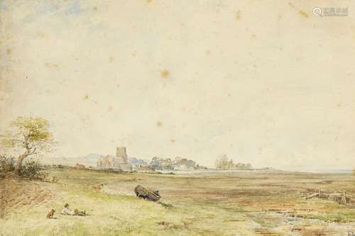 Norwich School, early-mid 19th century- Countryside scene with a man and a dog, a church in the