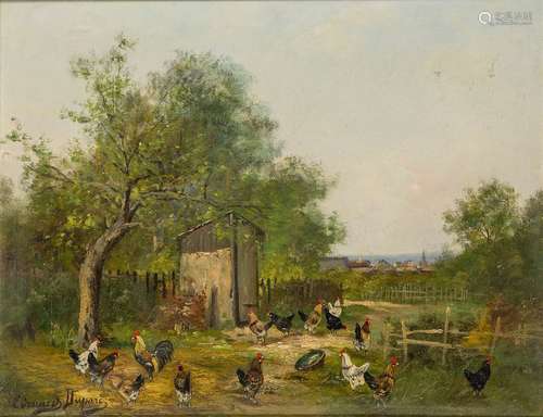 Edouard Duparc, French, mid-late 19th century- Chickens in an enclosed paddock; oil on canvas laid