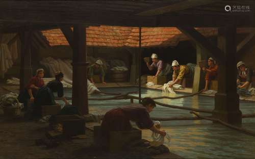 V Ormsby, British fl. 1870-1886- Washing Day in Normandy; oil on canvas, signed with monogram,