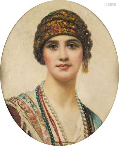 After William Clarke Wontner, British 1857-1930- Le Turban; oil on canvas, oval, 61x50cmPlease refer