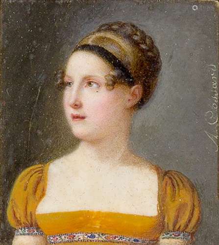 Amélie Cossard, French 1796-1852- A portrait miniature of a lady, quarter-length turned to the