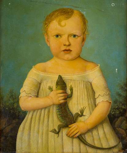 American School, late 19th century- Portrait of a child holding a lizard; oil on panel, 59x49.5cm