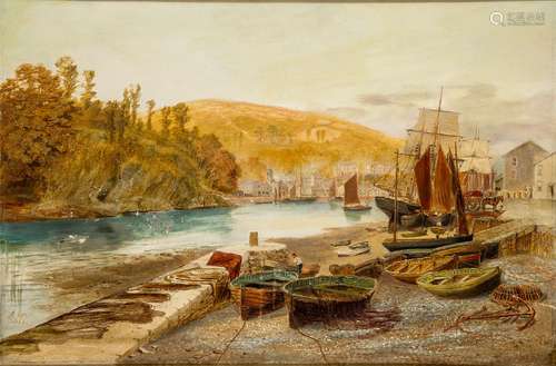 A Lyon, British, mid-late 19th century- Fishermen and beached shipping vessels in an estuary and a