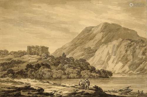 Nicholas Pocock OWS, British 1740-1821- Figures by a lake with distant mountain and fortress; ink