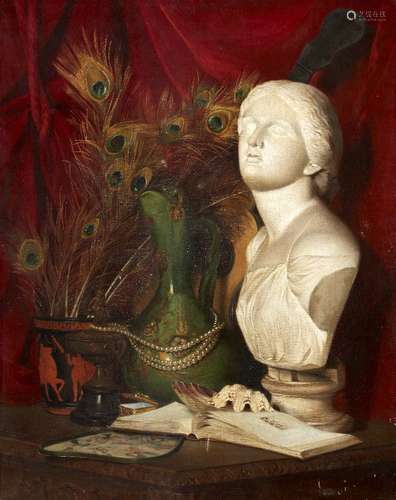 Elise Vernhes, née Dausse, French exh 1859-1870- Still life of a bust after the antique, a green