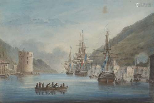 British School, early 19th century- English and French frigates at anchor in a Mediterranean