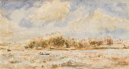 Thomas Churchyard, British 1798-1865- Boats on an estuary on a blustery day; watercolour over