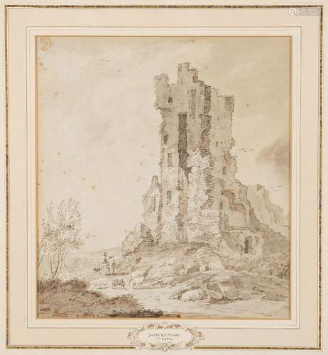 Attributed to J Sturenberg, Dutch, late 18th century- Landscape with ruined tower; pen and ink and