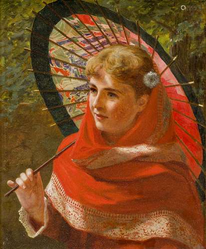 James Hayllar RBA, British 1829-1920- Girl with a Parasol; oil on board, signed and dated 1879,