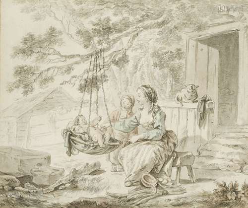 Jean-Baptiste le Prince, French 1734-1781- Mère et enfants dans le jardin; pen and brush and grey