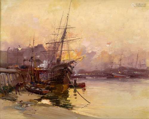 William Lionel Wyllie RA RE, British 1851-1931- The pool of London at sunset; oil on panel, bears