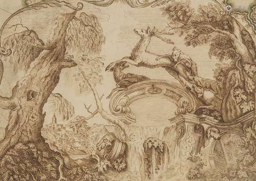 French Rococo School, late 18th century- A Stag Hunt; pen and brown ink, 17.2x24cmPlease refer to