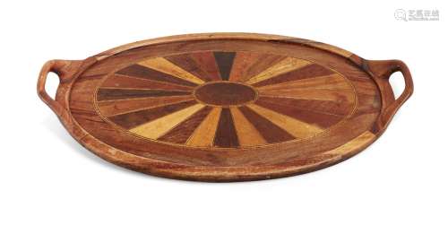 A satinwood oval inlaid tray, early 20th century, radiating inlay around central oval, two moulded
