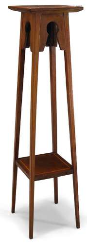 An Edwardian mahogany and satinwood banded jardinière stand, with square shelf on square tapering