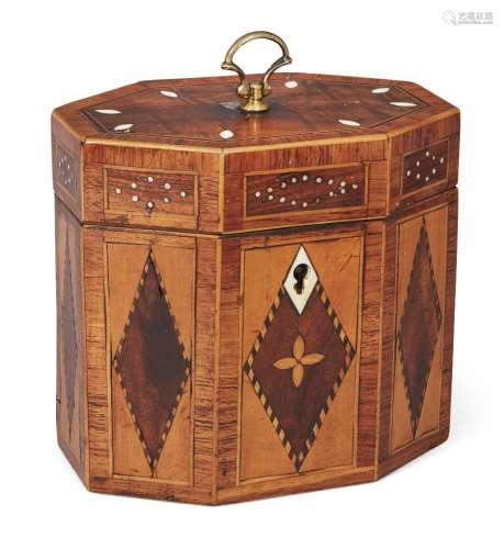 A George III satinwood and walnut inlaid octagonal tea caddy, the top with brass handle and bone
