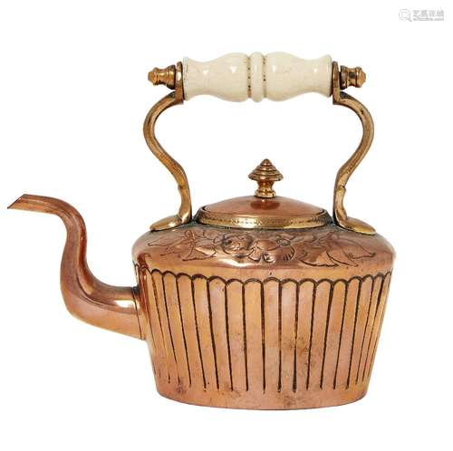 An Arts and Crafts copper kettle with cover c.1900 of oval section and with tapered spout,