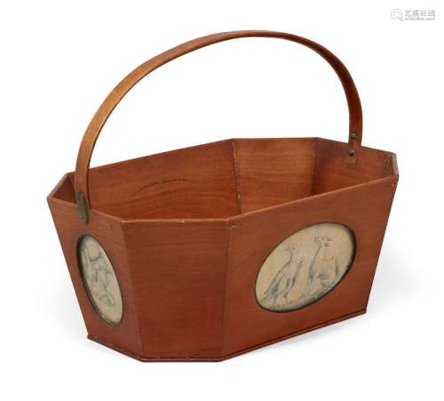 A Regency satinwood octagonal basket, tapering sides with penwork Roman subjects under oval glass