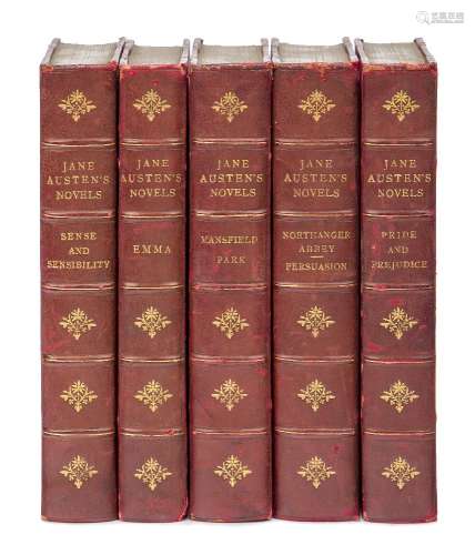 AUSTEN, (J.), JANE AUSTEN NOVELS, 5 Vols., red half-leather cloth boards, illustrated, Macmillan &