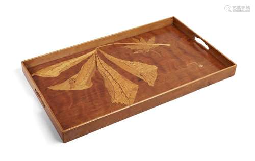 An Art-Nouveau fruitwood and maple inlaid rectangular tray possibly Gallé c.1900, partial/faint