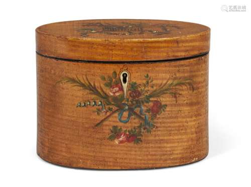 A George III painted satinwood oval tea caddy, the top decorated with birds in a nest, lidded