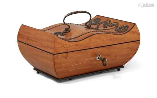 A 19th century French satinwood and cut steel musical sewing necessaire, with serpentine lid inset