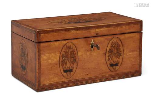 A large George III satinwood tea caddy, late 18th century, the top with large floral inlaid oval,