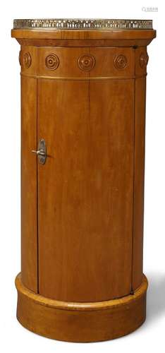 A Victorian satinwood cylindrical pot cupboard, the moulded edge top with pierced brass gallery,