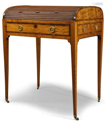 A George III satinwood and crossbanded tambour writing desk, the tambour enclosing red leather inset