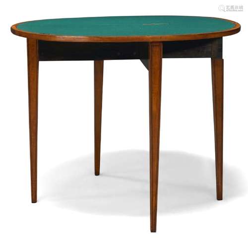 A George III satinwood and crossbanded demi-lune folding card table, late 19th Century, the fold out