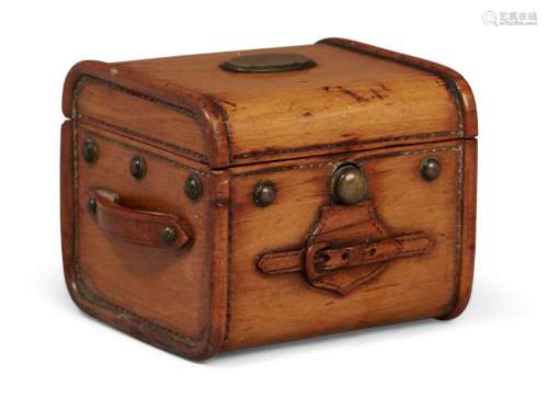 An unusual satinwood treen inkwell, 19th century, in the form of a miniature cabin trunk, front with