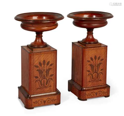 A pair of late George III satinwood and purple heart inlaid tazze, on oblong inlaid pedestals, on