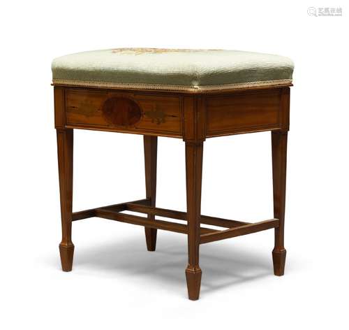 An Edwardian satinwood and inlaid music stool, with gros-point needlework hinged seat on square