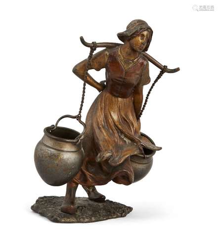 FranzBergman (1838-1894) Cold painted bronze of a Dutch milk maid, bears stamped ewer to base,