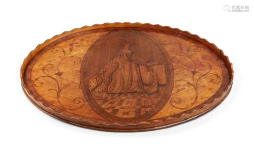 A George III inlaid satinwood oval tray, undulating gallery, with a marquetry oval portrait of a