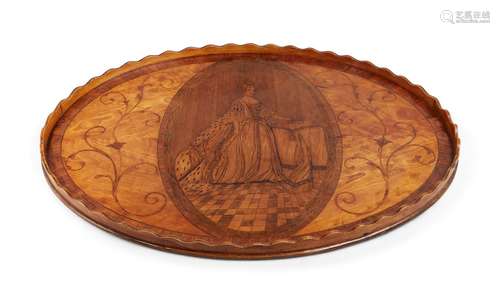 A George III inlaid satinwood oval tray, undulating gallery, with a marquetry oval portrait of a