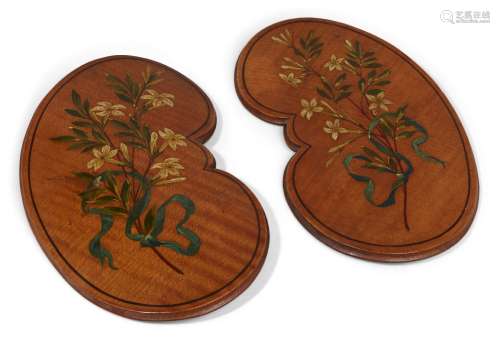 A pair of painted satinwood heart-shape panels, 19th century, each painted with floral sprigs,