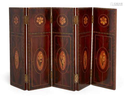 A late Victorian inlaid and painted satinwood five-leaf table screen, each panel decorated with