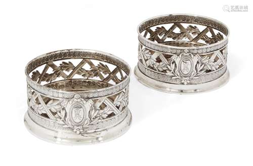 A pair of German .800 silver wine coasters, Schwäbisch Gmünd, c.1900, Gebrüder Kühn, designed with