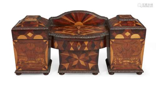 A rare and large walnut and parquetry “sideboard” tea caddy, 19th century, decorated overall with