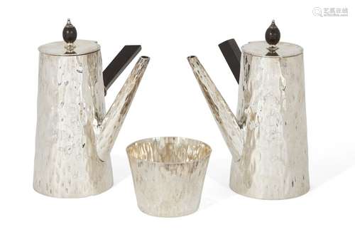 A Hukin & Heath electroplated three-piece café au lait set in the manner of Dr. Christopher