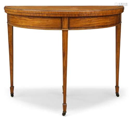 A George III style satinwood and crossbanded demi-lune card table, late 19th Century, the fold