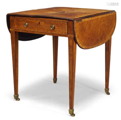 A George III satinwood Pembroke writing table, the quarter veneered and crossbanded top above the