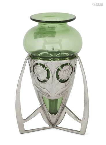 Archibald Knox (1864-1933), a Liberty & Co pewter and green glass 'bomb' shaped vase c.1902-5, Faint