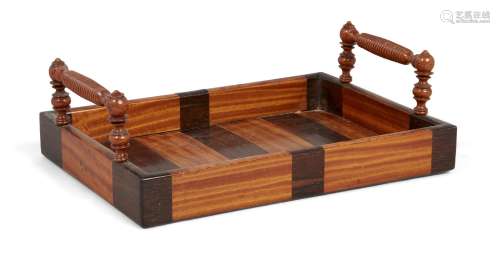 A William IV satinwood and rosewood small tray, c.1830, with turned handles and raised gallery, 23.