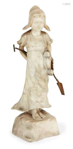 John Pilar German (1870-1930) marble figure of a Dutch girl, carrying clogs and a shovel Signed 51cm