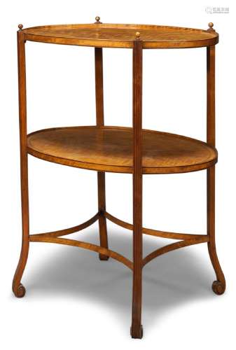 A late Victorian satinwood oval two-tier occasional table, with galleried tiers on square fluted