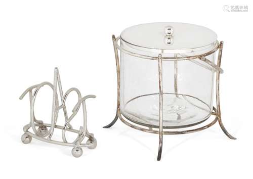 Attributed to James Dixon & Sons, an electroplated and glass biscuit barrel in the manner of Dr.