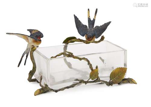 An Austrian cold painted bronze mounted glass oblong dish, birds perched on a rose briar, 20cm